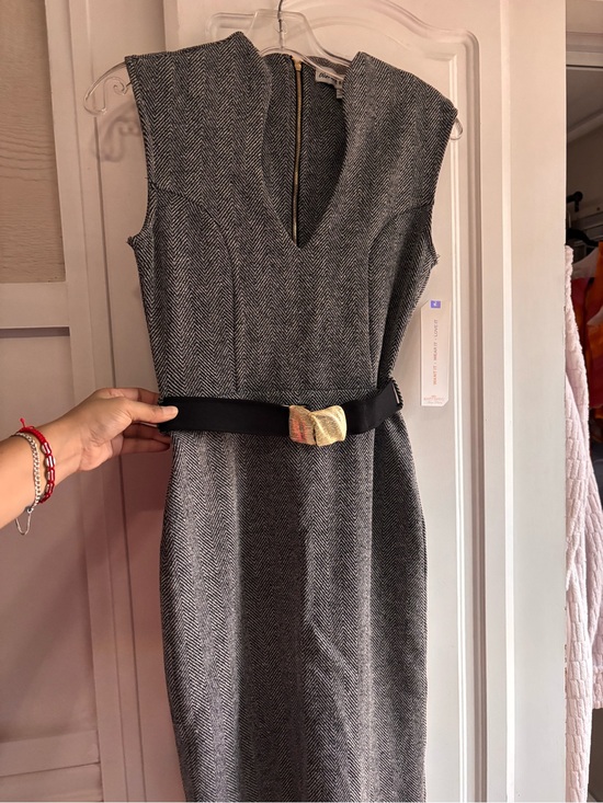 Almost Famous Dresses & Skirts - Almost Famous Gray Herringbone Midi Sheath Dress with Black Belt